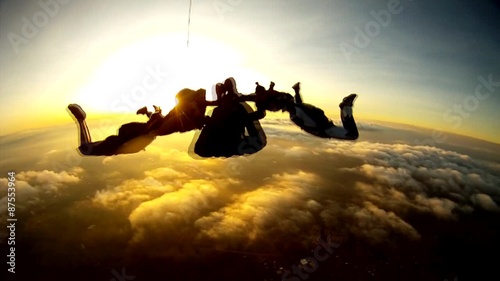 Skydiving tandem amazing sunset HD video photo