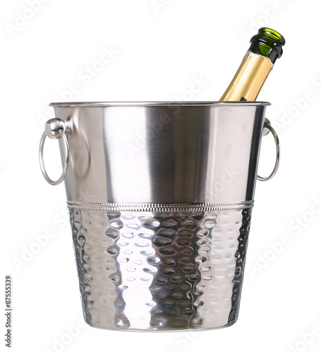 ice bucket with champagne bottle isolated on white background