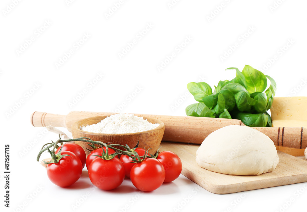 Ingredients for cooking pizza isolated on white Ingredients for cooking pizza isolated on white