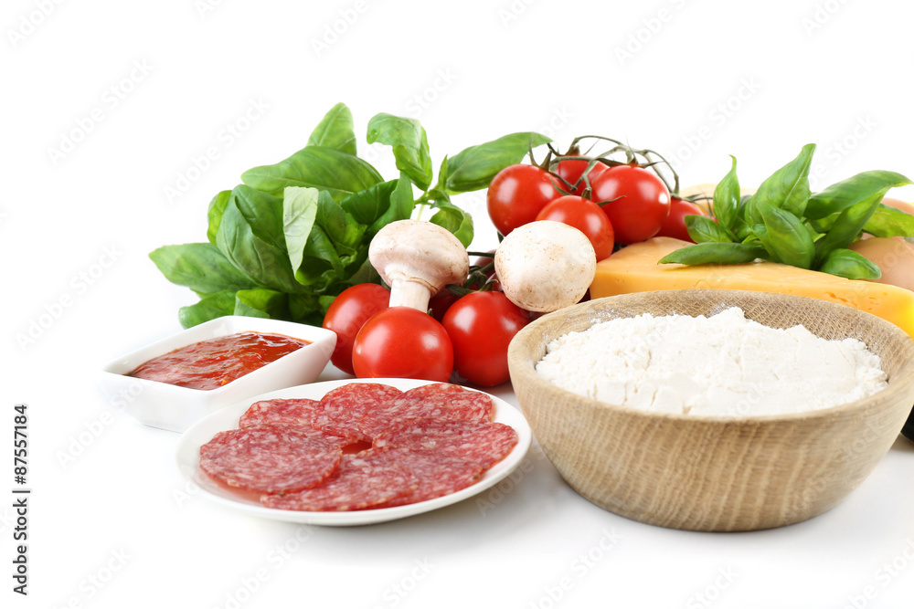 Ingredients for cooking pizza isolated on white Ingredients for cooking pizza isolated on white
