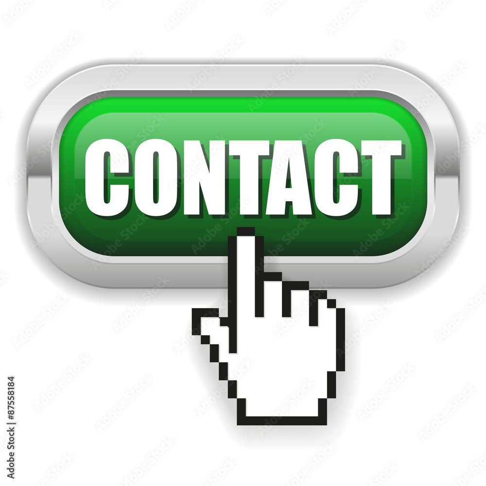 Green contact button with metal border and hand cursor Green contact button with metal border and hand cursor