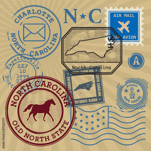 Vintage post stamps set with name of North Carolina, United Stat