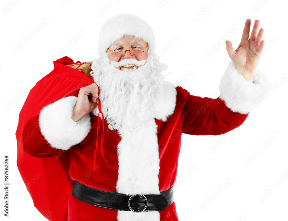 Santa Claus with bag, filled gift boxes isolated on white background Santa Claus with bag, filled gift boxes isolated on white background
