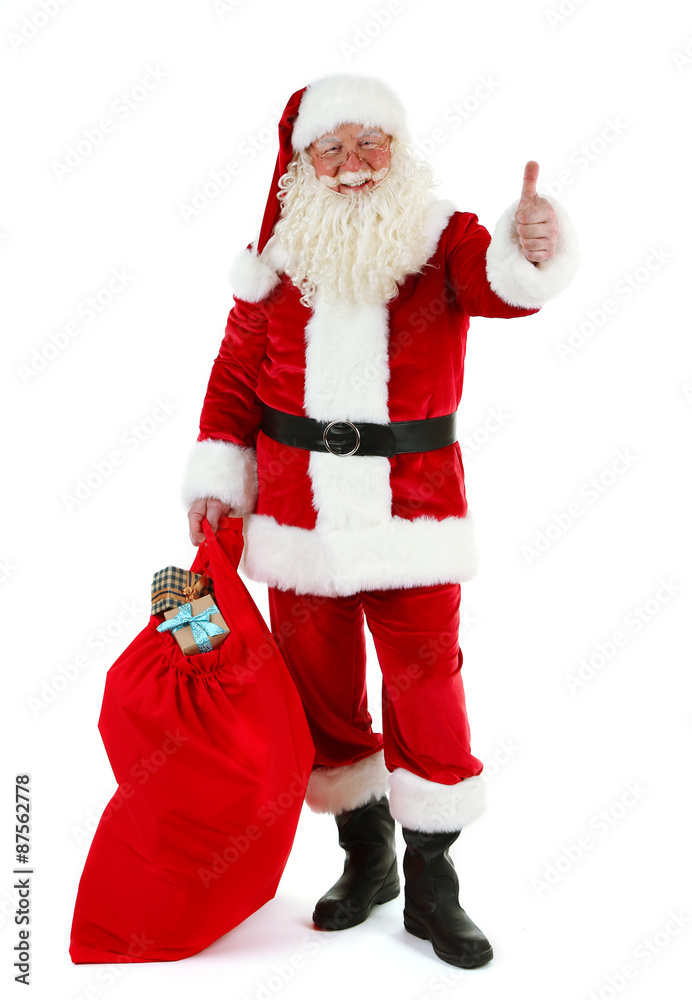 Santa Claus with bag, filled gift boxes isolated on white background Santa Claus with bag, filled gift boxes isolated on white background