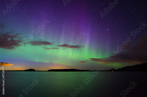 Northern lights (Aurora borealis) over calm lake in Sweden