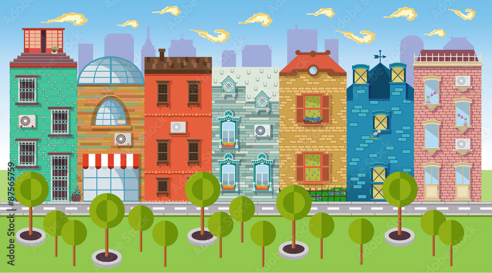 Color vector illustrations urban landscapes and downtown