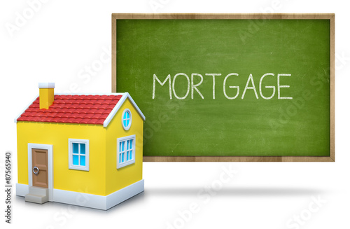 Mortgage text on blackboard with 3d house
