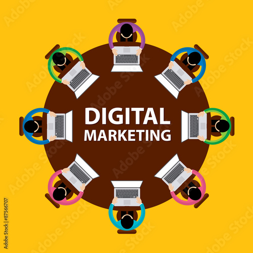 Digital Marketing, Teamwork and brainstorming concept with businessmen seating around table and working