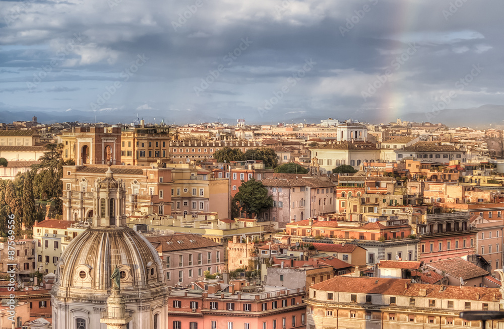 Panorama of Rome from Altar of Fatherland at evening  rainy day in Rome, Italy.