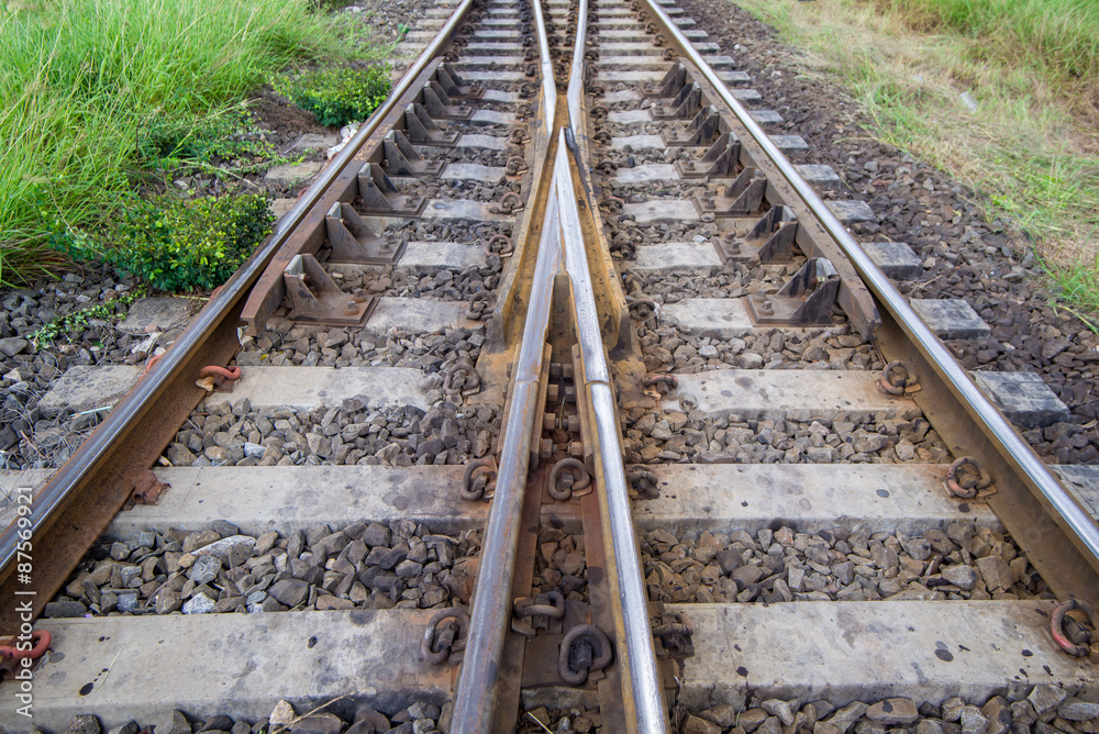 railroad tracks with railroad switch, two paths come together