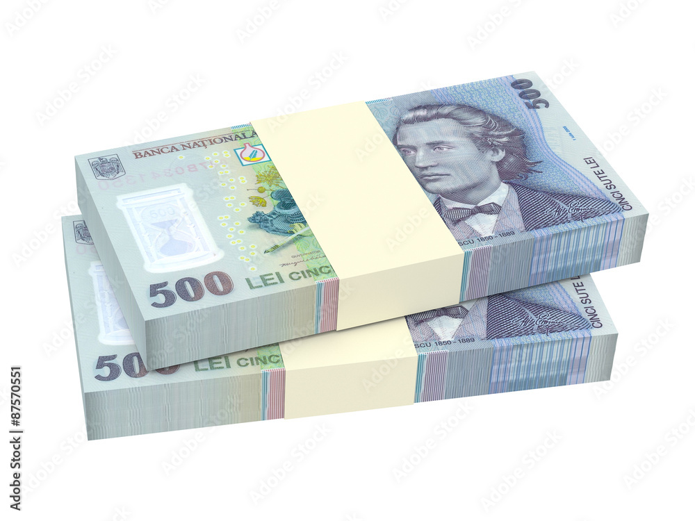 Romanian currency isolated on white background. Computer generated 3D photo rendering. Romanian currency isolated on white background. Computer generated 3D photo rendering.