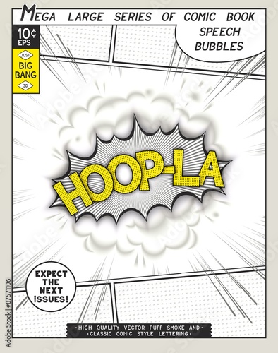 Hoop-la. Explosion in comic style with lettering and realistic puffs smoke. 3D vector pop art speech bubble. CMYK