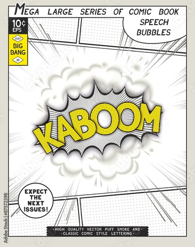 Kaboom. Explosion in comic style with lettering and realistic puffs smoke. 3D vector pop art speech bubble. CMYK
