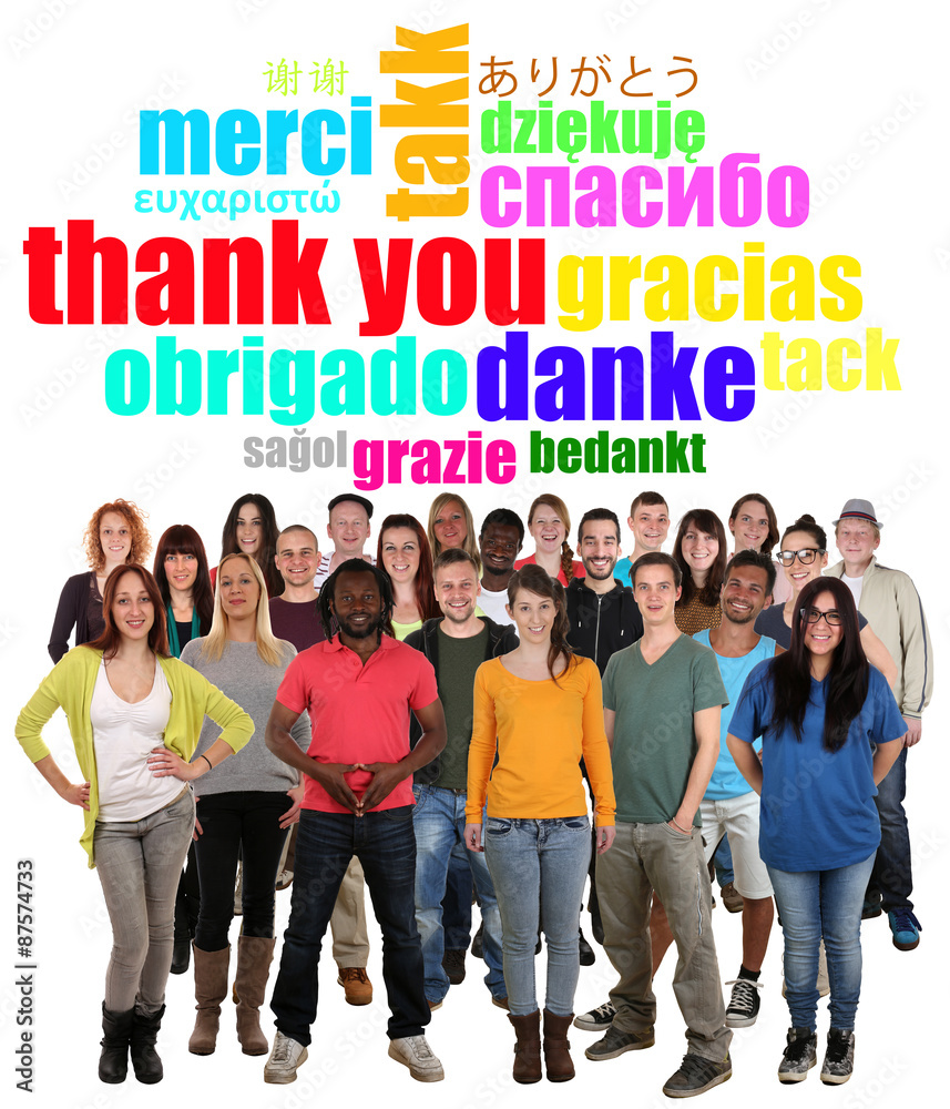 Obraz premium Large multi ethnic group of young people saying thank you in dif