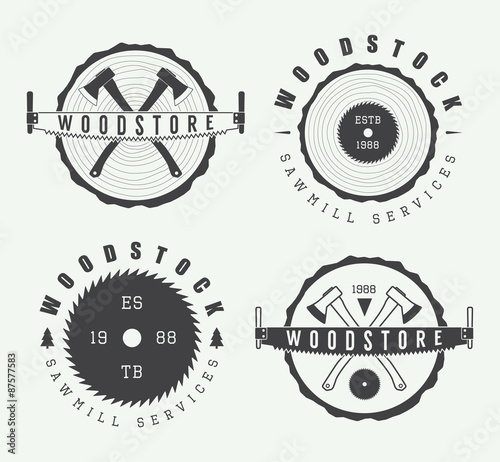 Set of vintage carpentry and sawmill labels, emblems and logos