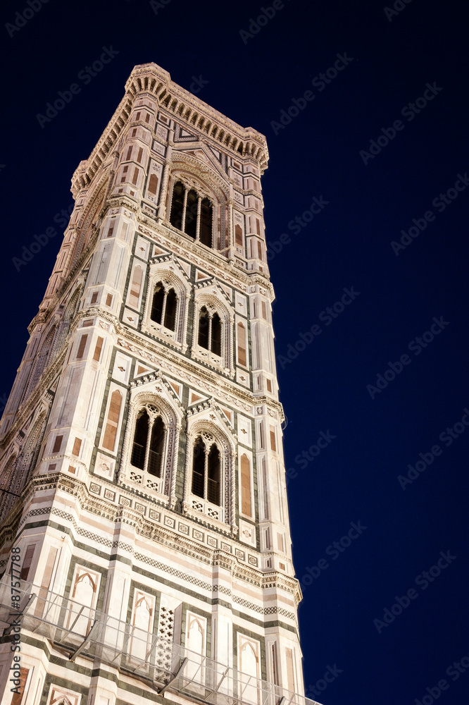 Il Duomo di Firenze, Italy. Night views of the Campanile to the Basilica di Santa Maria del Fiore, or Il Duomo di Firenze as it is ordinarily called.