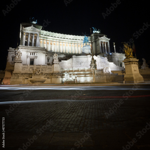 Monumento Nazionale a Vittorio Emanuele II, Rome, Italy. A low-angle night view of the popular Rome landmark, The Monumento Nazionale a Vittorio Emanuele II (The Altare della Patria).