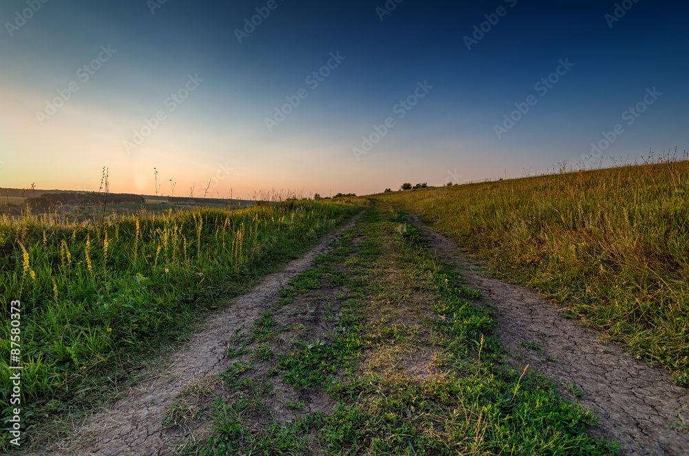 Evening road in steppe at sunset time