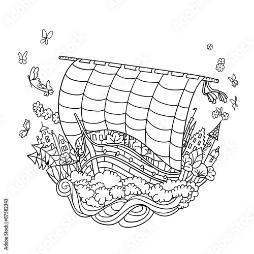 Sailing Boat on Waves in harbor vector decorative illustration