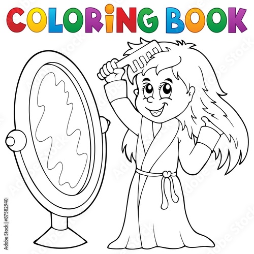 Coloring book girl combing hair theme 1