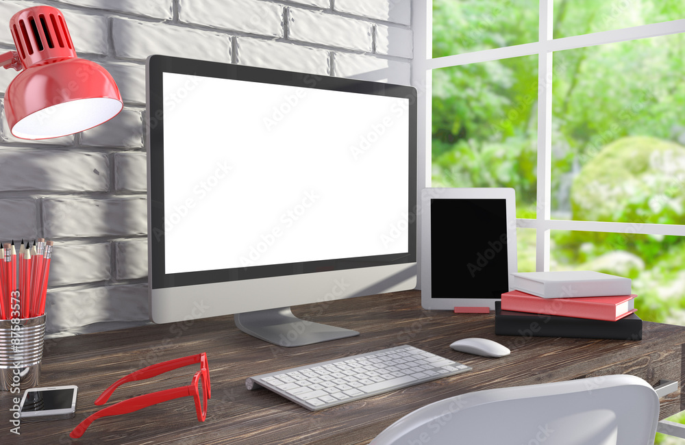 Fototapeta premium 3D illustration PC screen on table in office, Workspace