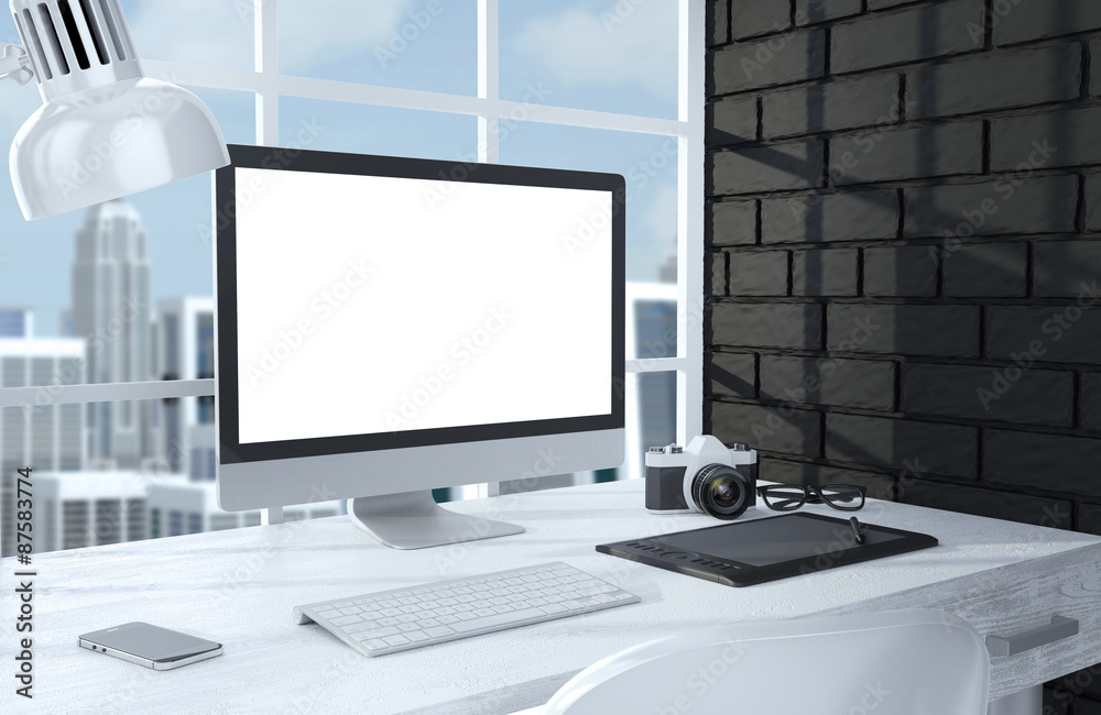 3D illustration PC screen on table in office, Workspace 3D illustration PC screen on table in office, Workspace