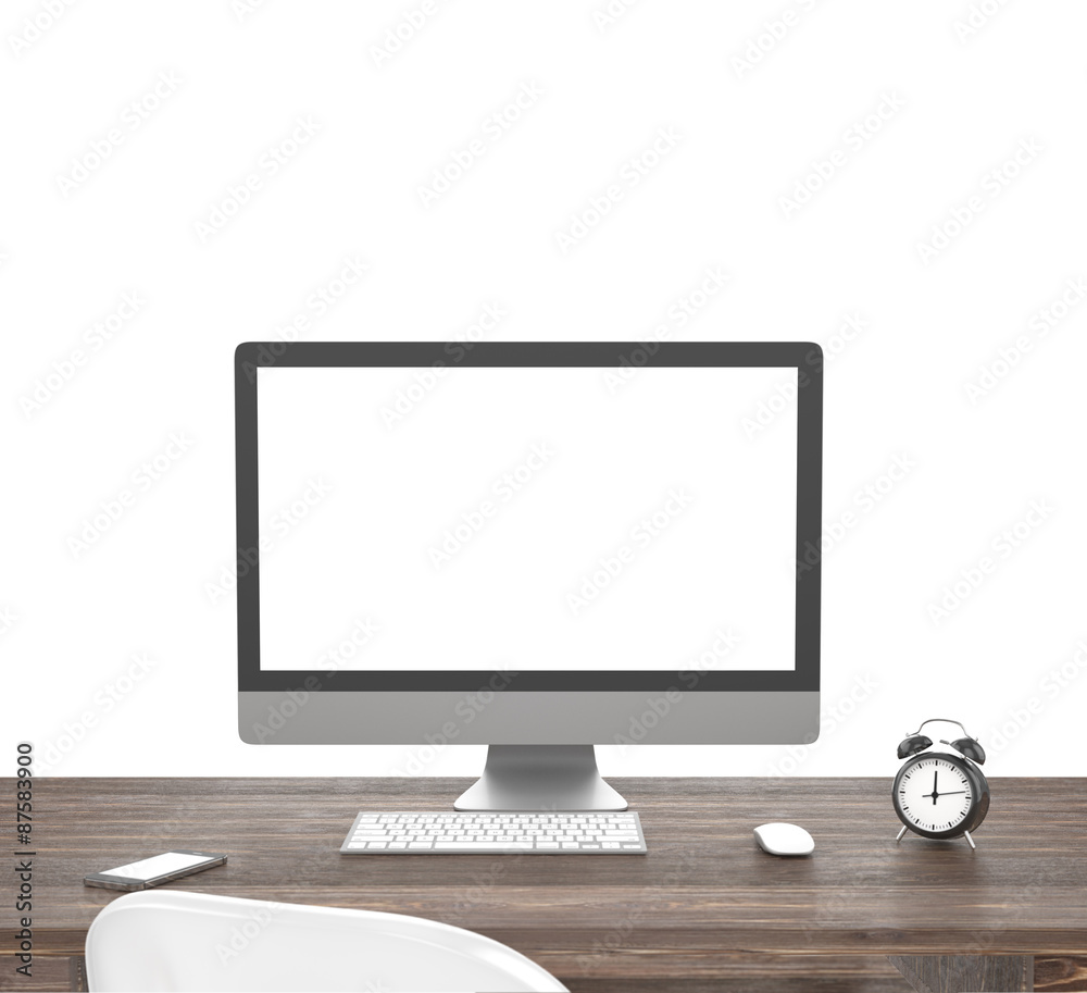 3D illustration PC screen on table in office, Workspace 3D illustration PC screen on table in office, Workspace