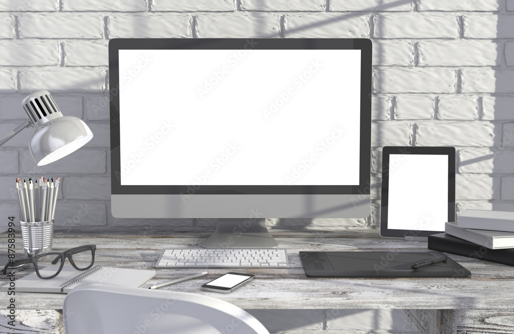 Fototapeta premium 3D illustration PC screen on table in office, Workspace
