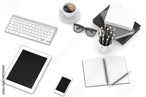 laptop and office stuff, workplace, top view