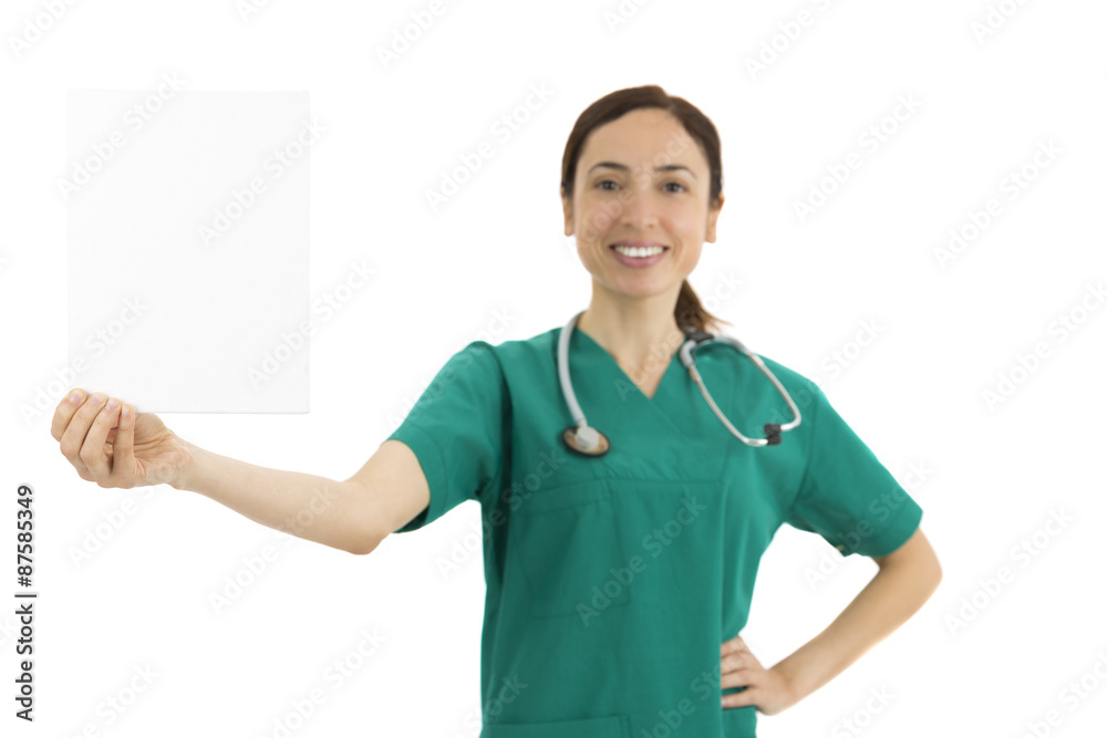 Woman doctor showing blank board with copy space Woman doctor showing blank board with copy space
