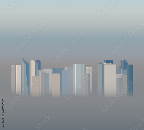 High-rise office city buildings in the smog, vector illustration