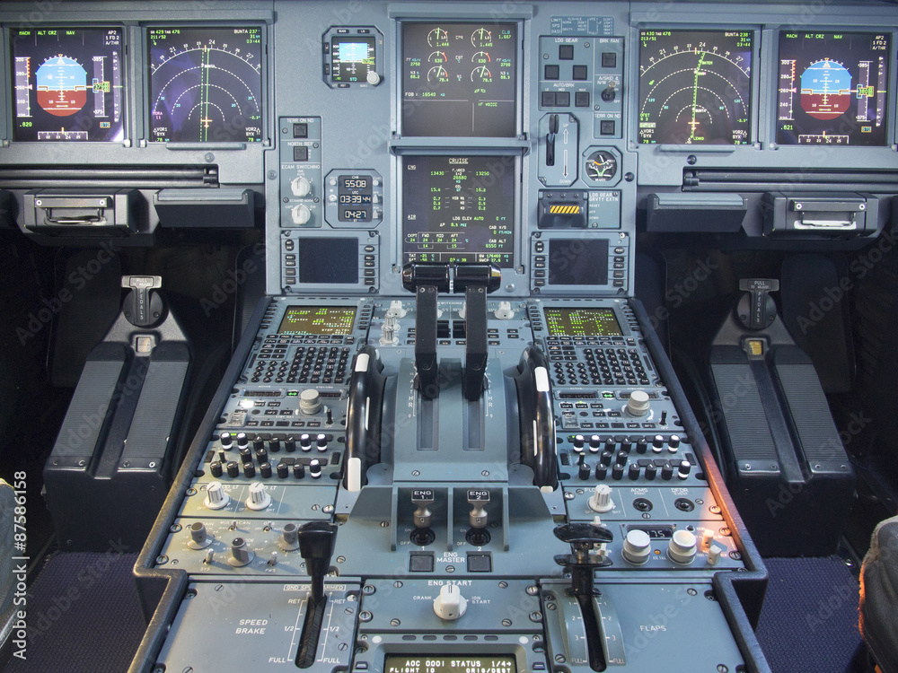 Airbus A330 airplane's cockpit front and pedestrian panel taken on