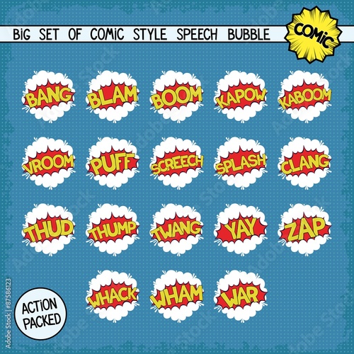 Big set bombings in comic style. Eighteen simple speech bubbles