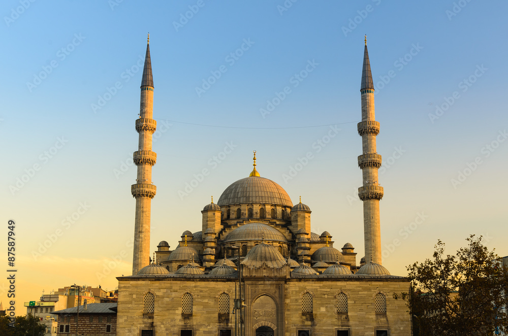 The New Mosque (Yeni) at sunset, twilight, Istanbul, Turkey