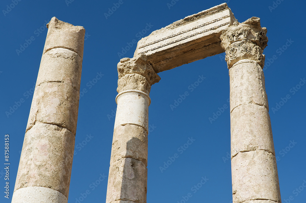 Exterior detail of the ancient stone columns at the Citadel of Amman in Amman, Jordan. Exterior detail of the ancient stone columns at the Citadel of Amman in Amman, Jordan.