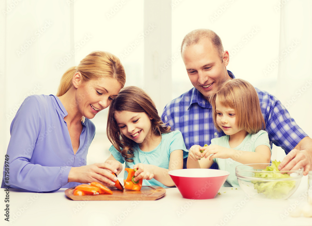 happy family with two kids making dinner at home happy family with two kids making dinner at home