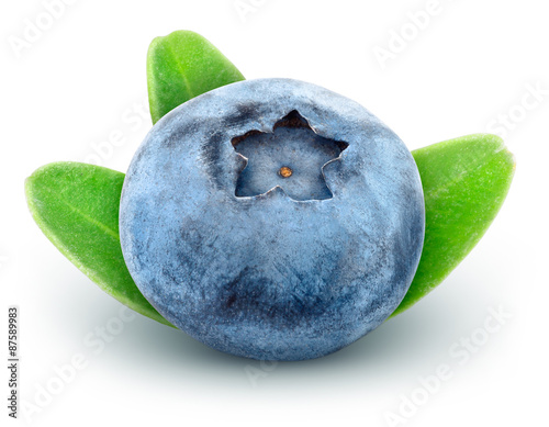 Valokuvatapetti Fresh blueberry with green leaves. Isolated on white background