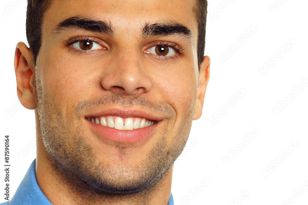 Smile from young man close-up on white background Smile from young man close-up on white background