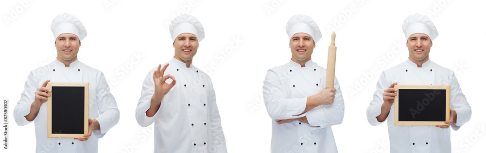 happy male chef baker with menu board showing ok happy male chef baker with menu board showing ok