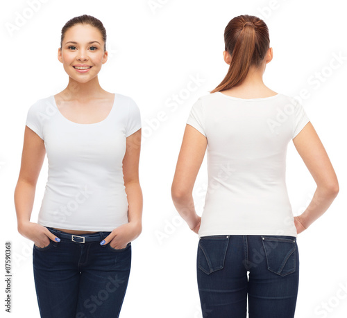 smiling young woman in blank white t-shirt