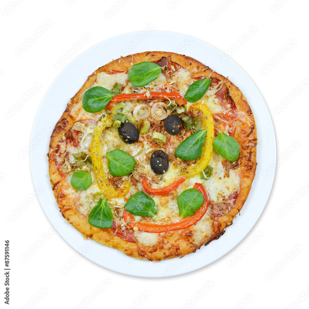 Italian pizza with olives on a plate isolated 