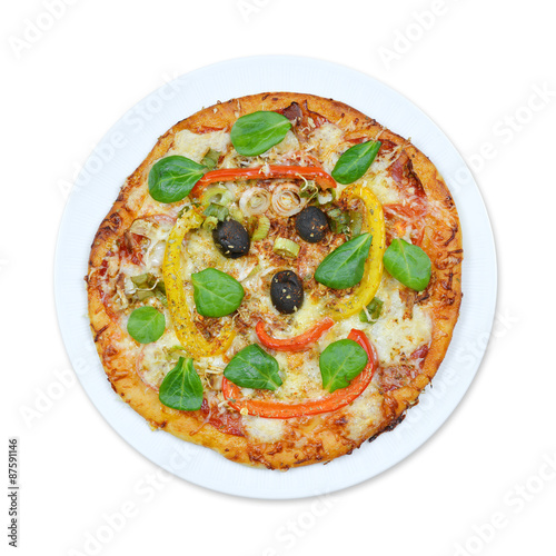 Italian pizza with olives on a plate isolated 