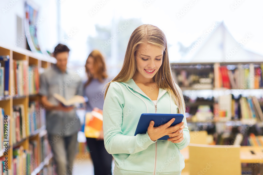 happy student girl with tablet pc in library happy student girl with tablet pc in library