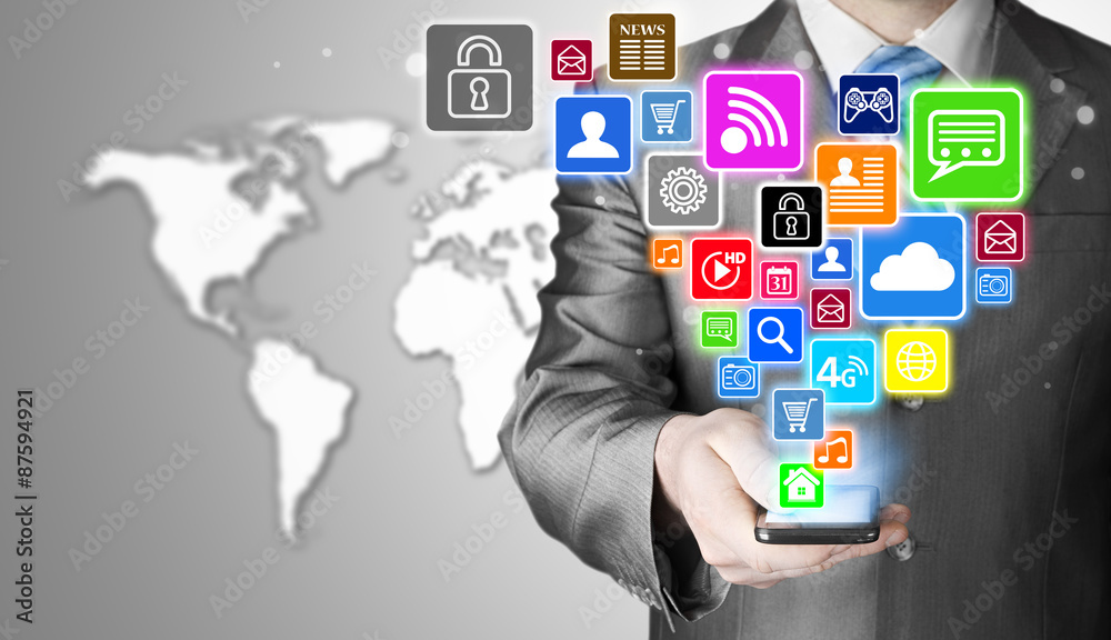 Business man using smart phone with social media icon set