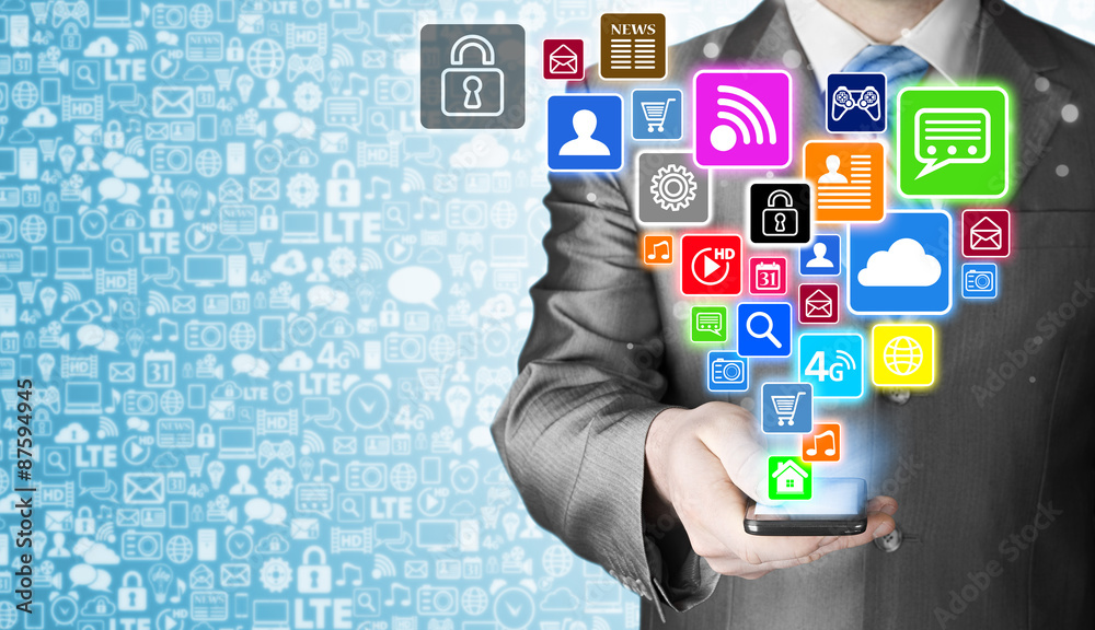 Business man using smart phone with social media icon set Business man using smart phone with social media icon set