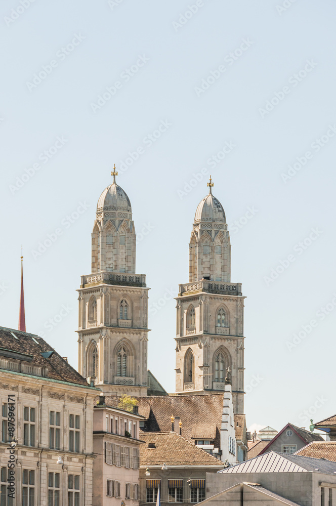Zürich, historische Altstadt, Stadt, Grossmünster, Kirche, Kirchtürme, Limmat, Niederdorf, Schweiz