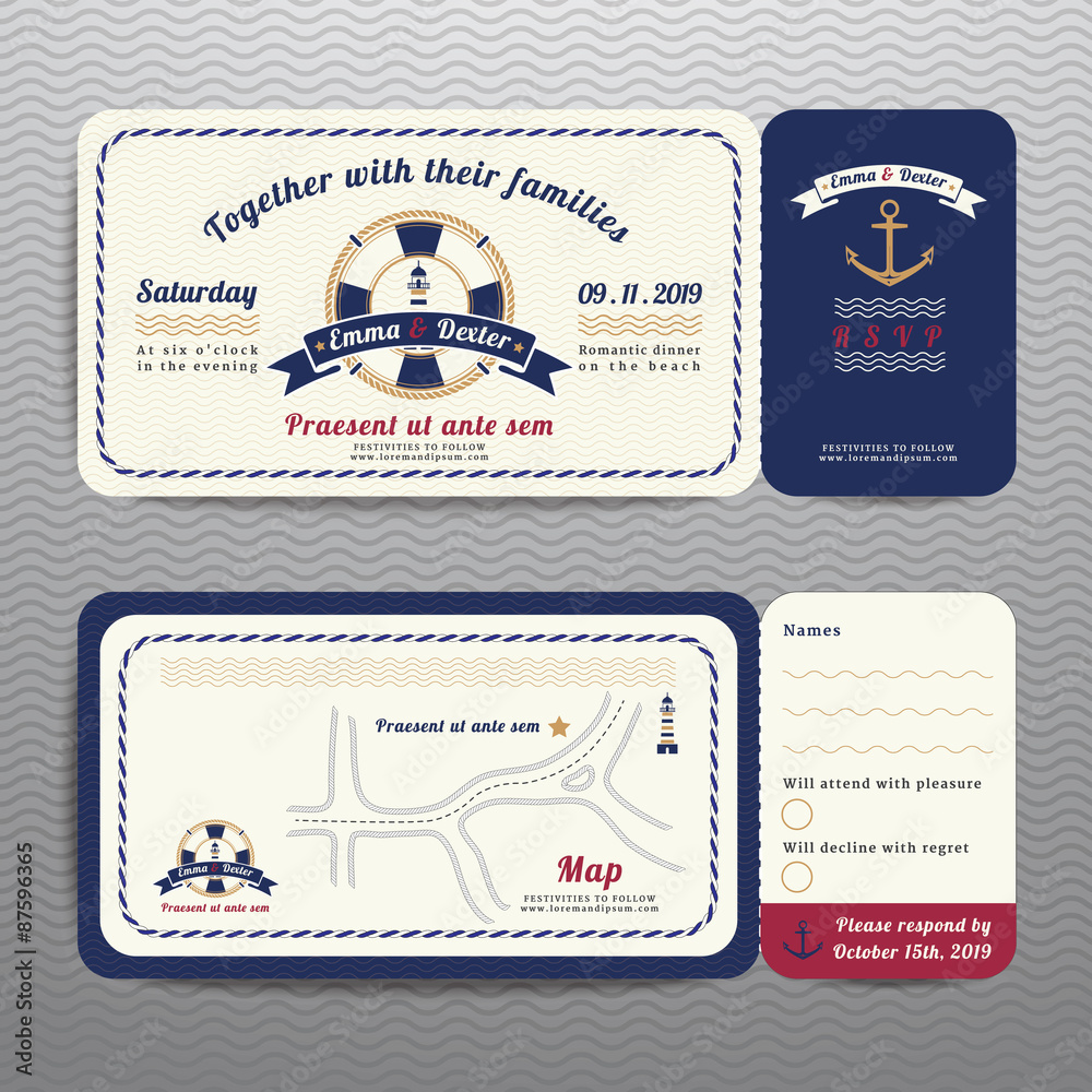Nautical ticket wedding invitation and RSVP card  with anchor ro - obrazy, fototapety, plakaty 