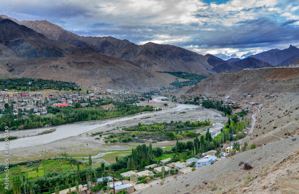 Indus river and Kargil City, Leh, Ladakh, Jammu & Kashmir, India Indus river and Kargil City, Leh, Ladakh, Jammu & Kashmir, India