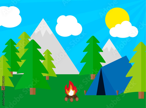 Camping tourism concept with stan and campfire, flat vector desing