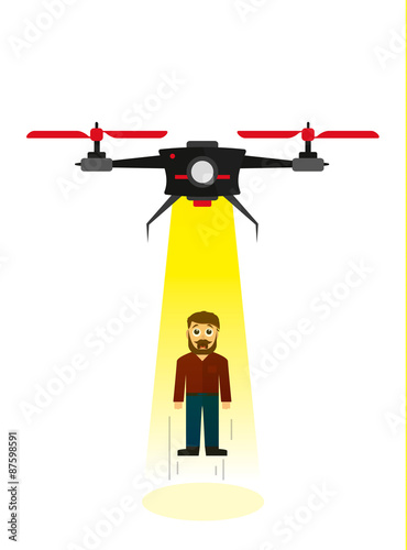 Flying drone kidnapping a human being in flat style